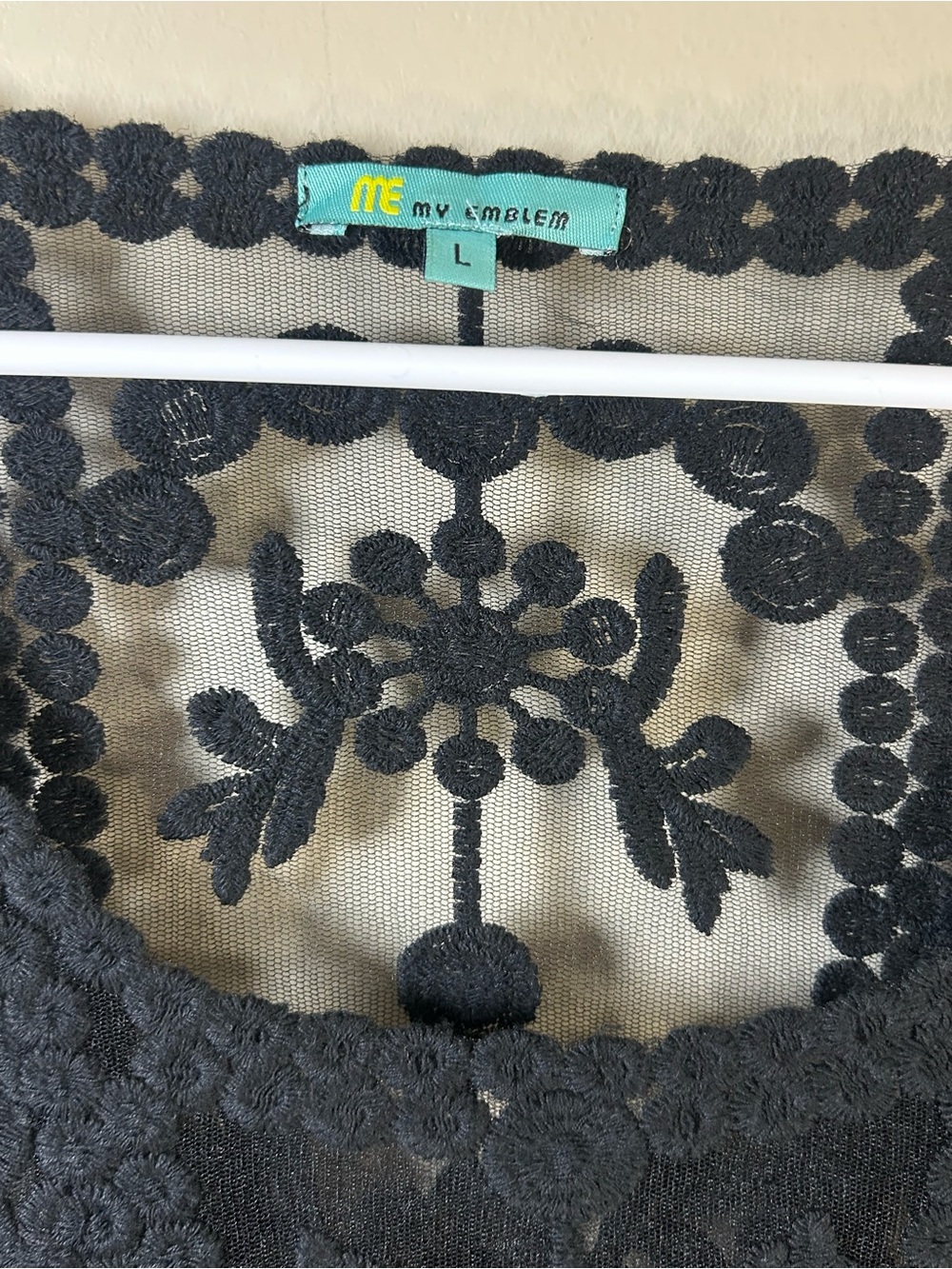My Emblem Black Lace Mesh Overlay Blouse Top Crochet Embroidered Size L - Picture 2 of 5